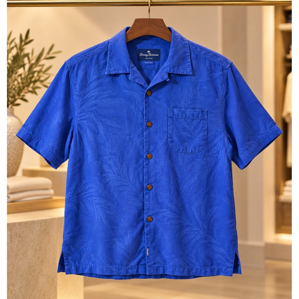 Tommy Bahama Original Fit Silk Shirt Mens M Blue Cruise Collar Coastal Resort